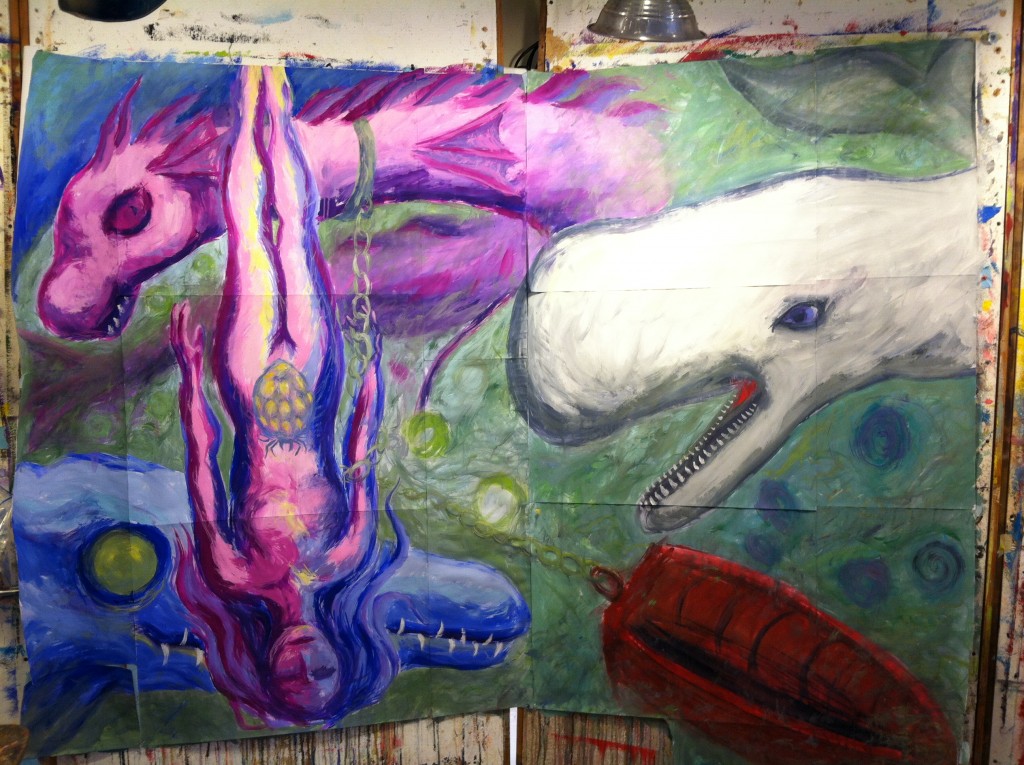The Whale Red Boat Twin Water Dragons process painting